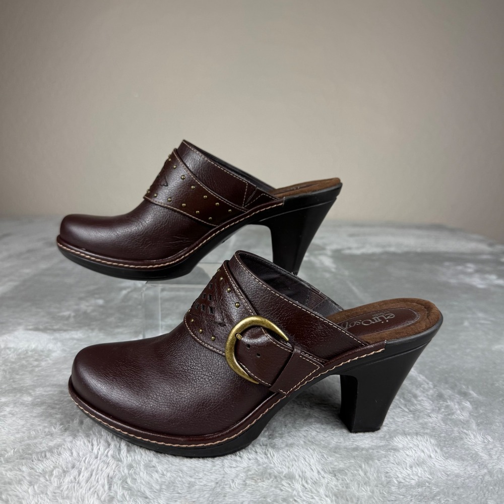 Eurosoft by Sofft Coraline Women's 8M Brown Leather Studded Heeled Clogs Mules